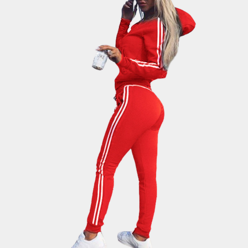 Roter Damen-Trainingsanzug mit Kapuze, weiße Streifen, Freizeitmode, Sportbekleidung.