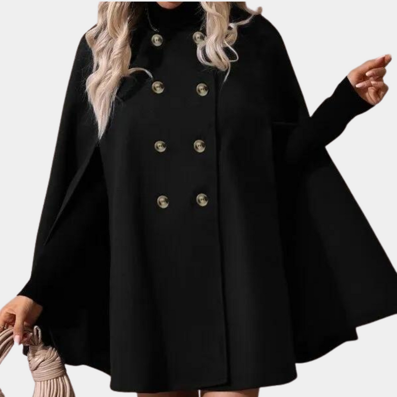 Schwarzer Damenmantel mit doppelter Knopfreihe, elegantes Design, Herbstmode.