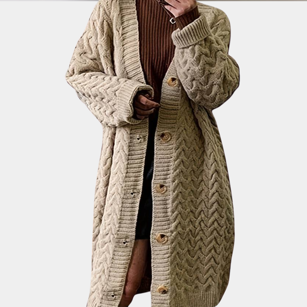 Damen Strickjacke Khaki, Zopfmuster, Knöpfe, Langarm, Herbstmode, gemütlich, warm.