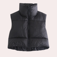 Schwarze Daunenweste, ärmellos, mit Reißverschluss, Wintermode, warm, Unisex, Outdoor-Bekleidung.