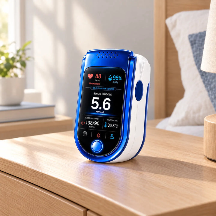 Blau-weißes Fingerclip-Messgerät mit Farbdisplay steht auf einem Holznachttisch in einem hellen Schlafzimmer. 1