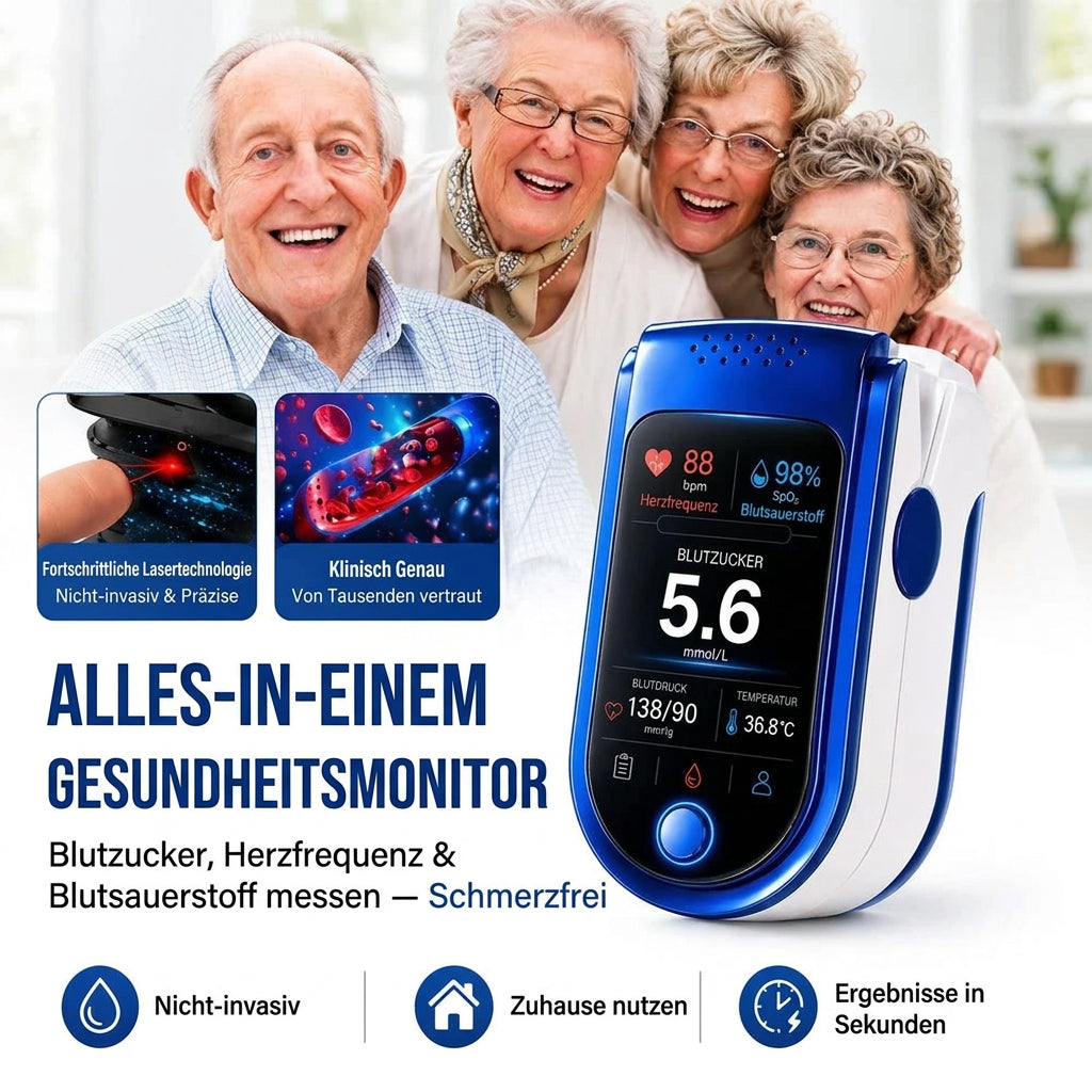 Blau-weißes Messgerät vor lachenden Senioren, daneben zwei Bildfelder zur Lasertechnik und zum Blut. 2