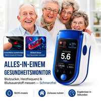 Blau-weißes Messgerät vor lachenden Senioren, daneben zwei Bildfelder zur Lasertechnik und zum Blut. 2