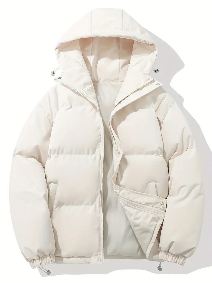 Weiße Kapuzenjacke, klassisches Design, warm, Wintermode, Reißverschluss, Unisex.