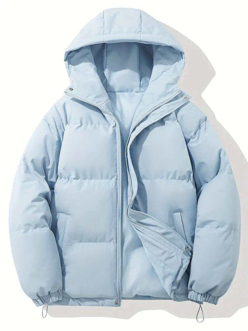Hellblaue Kapuzenjacke, klassisches Design, warm, Wintermode, Unisex, Reißverschluss.