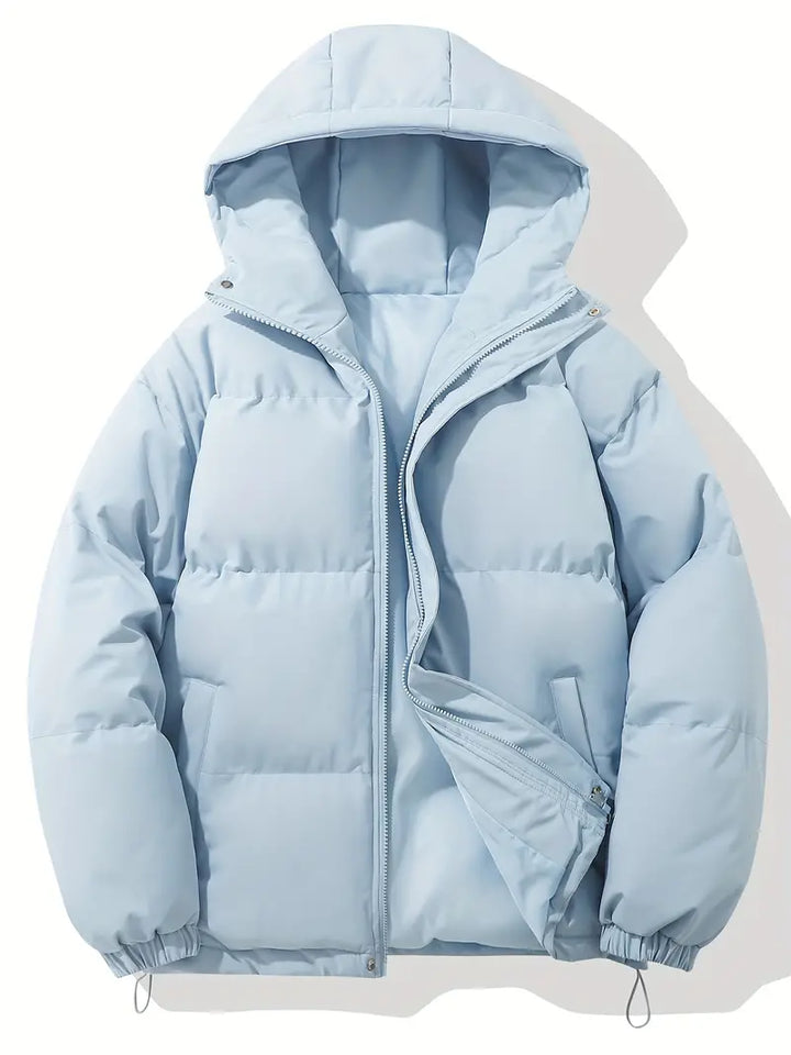 Hellblaue Kapuzenjacke, klassisches Design, warm, Wintermode, Unisex, Reißverschluss.