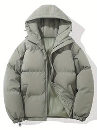 Grüne Kapuzenjacke, klassisches Design, warm, wattiert, Reißverschluss, Wintermode.