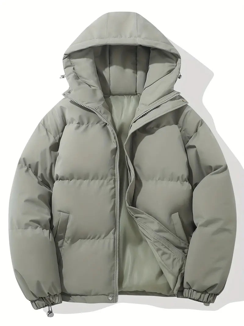 Grüne Kapuzenjacke, klassisches Design, warm, wattiert, Reißverschluss, Wintermode.