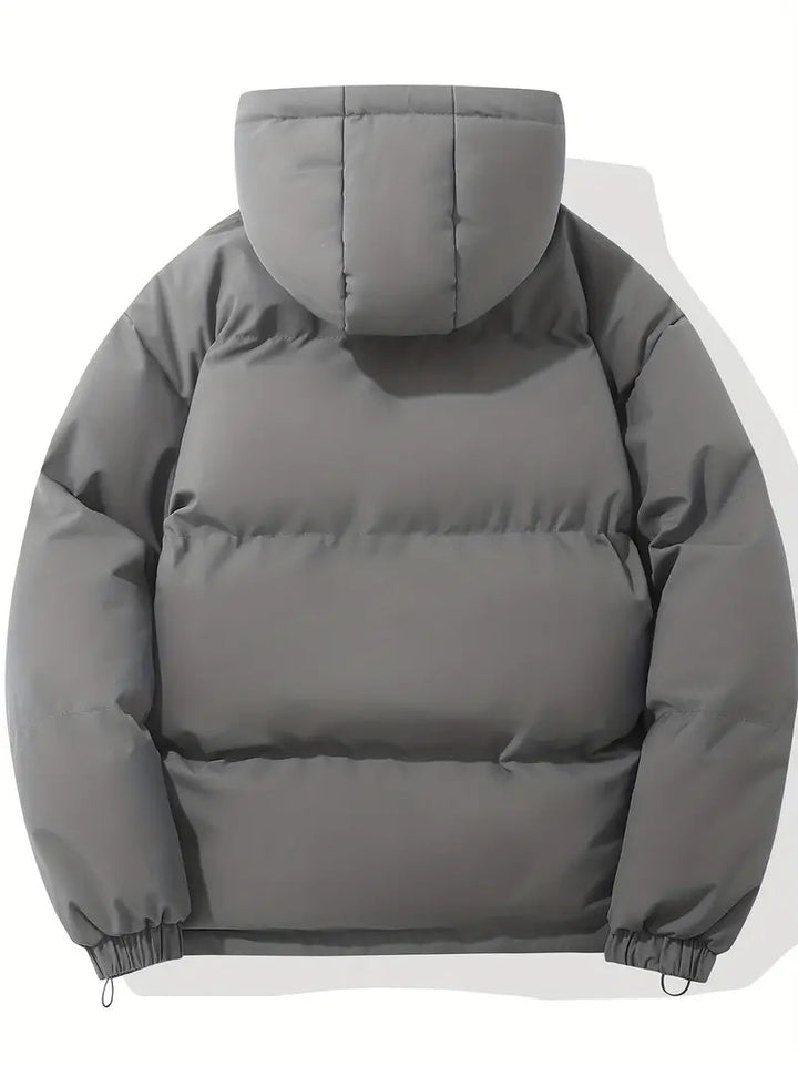 Graue Kapuzenjacke, klassisches Design, warm, Wintermode, Unisex, isoliert, modisch.