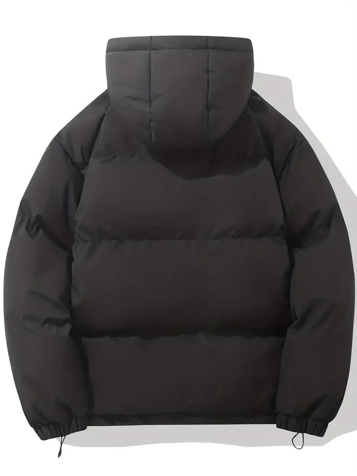 Schwarze Daunenjacke mit Kapuze, klassisches Design, warm, wintertauglich, Unisex.