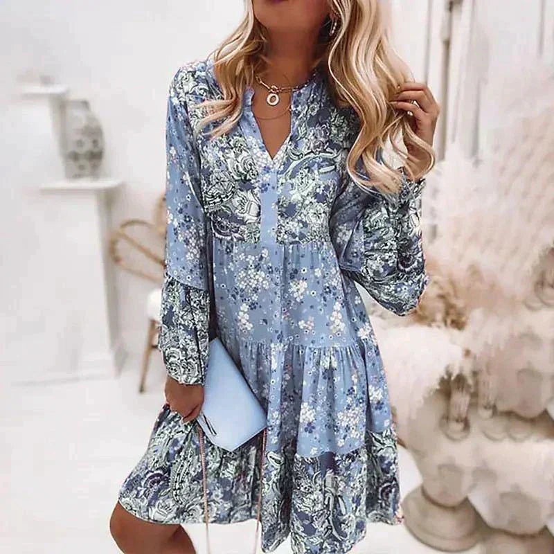 Blumenmuster Midi Kleid mit langen Ärmeln und Knopfleiste – Amelise