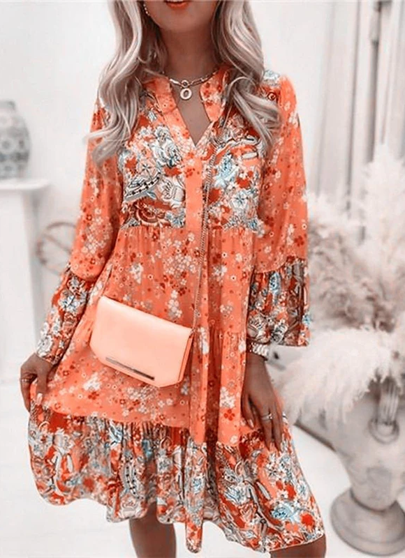 Blumenmuster Midi Kleid mit langen Ärmeln und Knopfleiste – Amelise