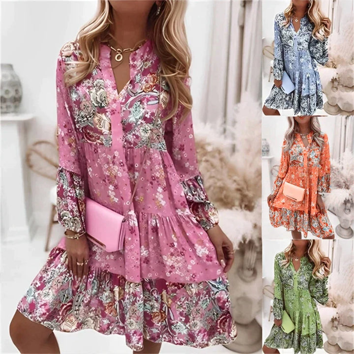 Blumenmuster Midi Kleid mit langen Ärmeln und Knopfleiste – Amelise