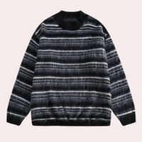 Schwarzer gestreifter Pullover, Herrenmode, Strick, warm, elegant, Winterkleidung, Langarm.