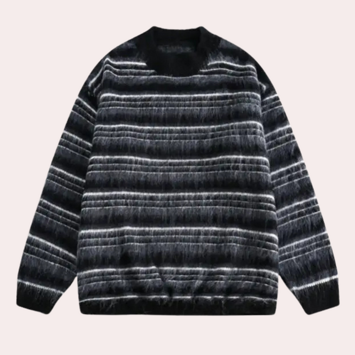 Schwarzer gestreifter Pullover, Herrenmode, Strick, warm, elegant, Winterkleidung, Langarm.