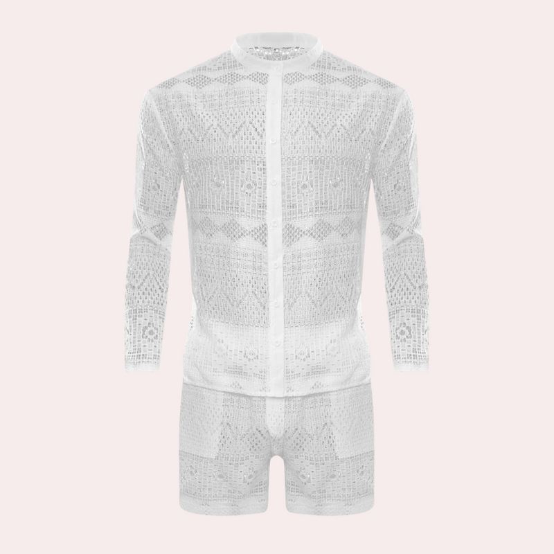 Weißer Häkel-Shortsanzug für Herren, langärmlig, Sommermode, atmungsaktiv, elegant.