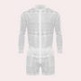 Weißer Häkel-Shortsanzug für Herren, langärmlig, Sommermode, atmungsaktiv, elegant.