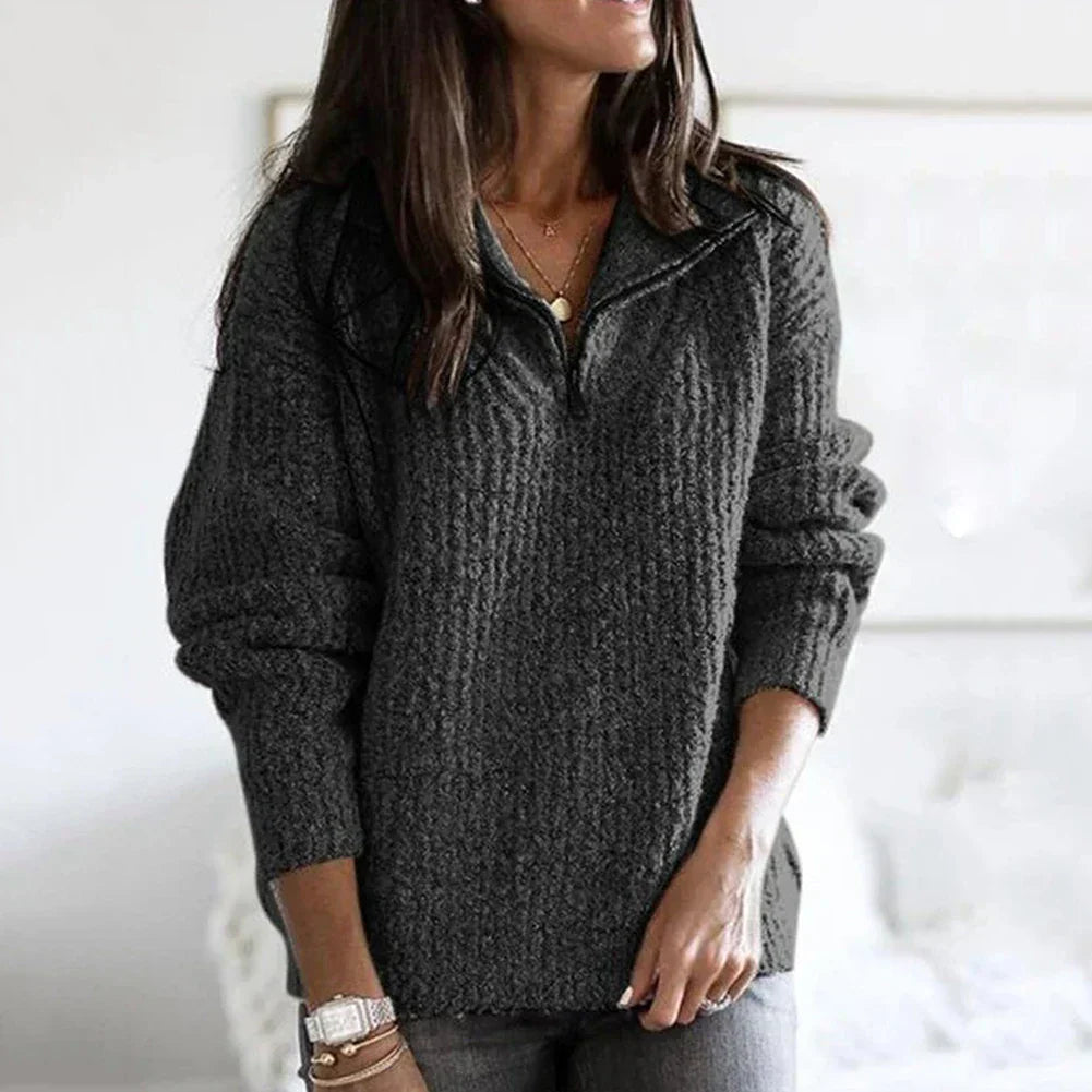 Herbstlicher strukturierter Damen Halbzip-Pullover mit langen Ärmeln – Noelle