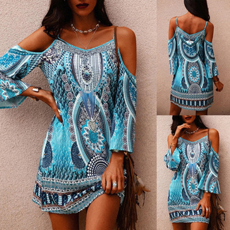 Schulterfreies Sommerkleid mit Ethno-Print – Eliana