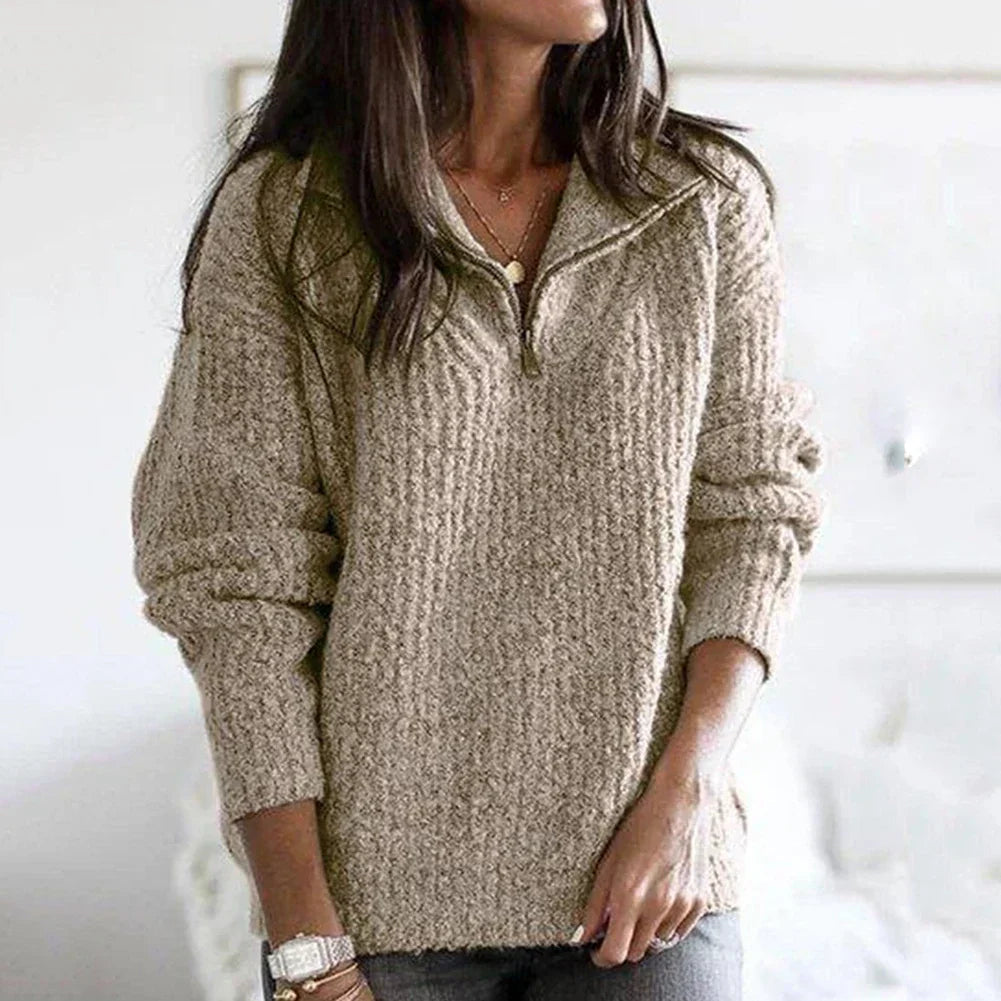 Herbstlicher strukturierter Damen Halbzip-Pullover mit langen Ärmeln – Noelle