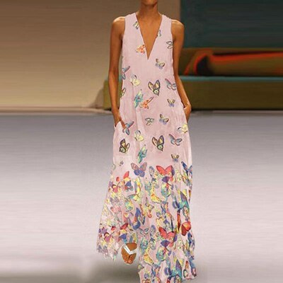 Trendy Ärmelloses Maxi-Sommerkleid mit Schmetterlingsmuster – Malia