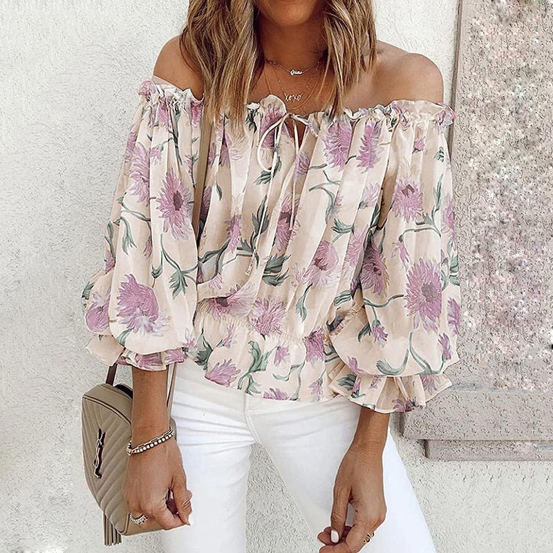 Geblümte Damen Chiffon-Bluse mit Rüschenärmeln – Elvira