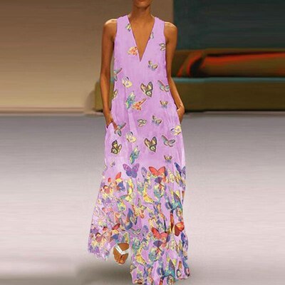 Trendy Ärmelloses Maxi-Sommerkleid mit Schmetterlingsmuster – Malia