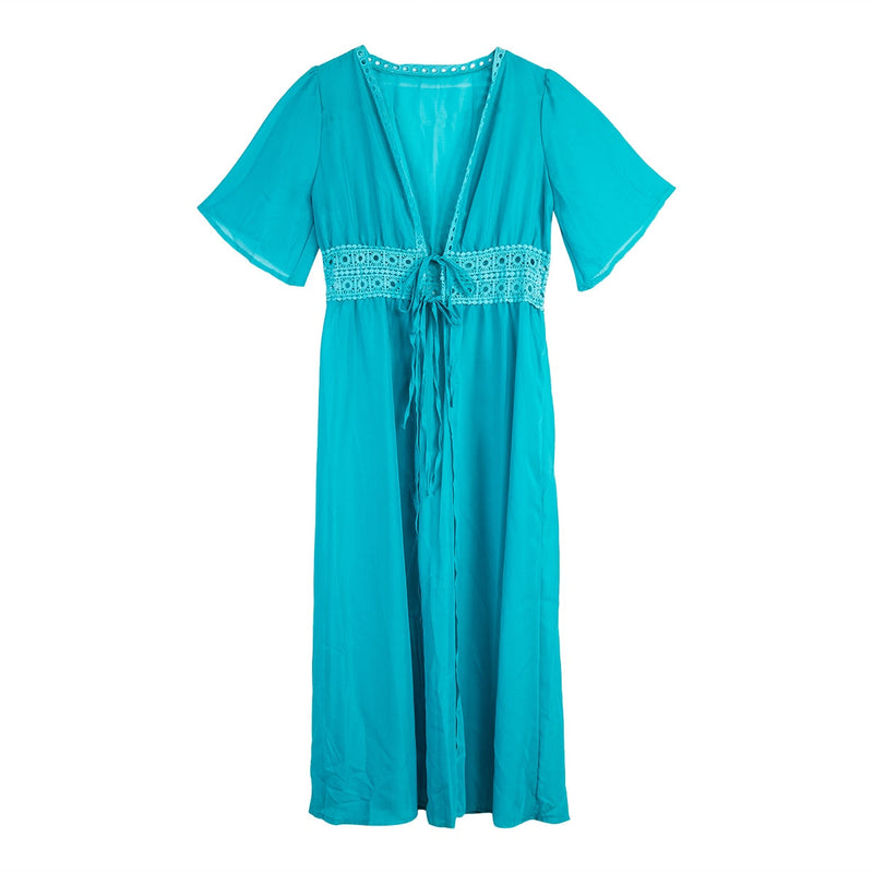 Lange Strandkleid mit Spitzenakzenten und Schleifenverschluss – Elara