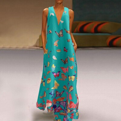 Trendy Ärmelloses Maxi-Sommerkleid mit Schmetterlingsmuster – Malia