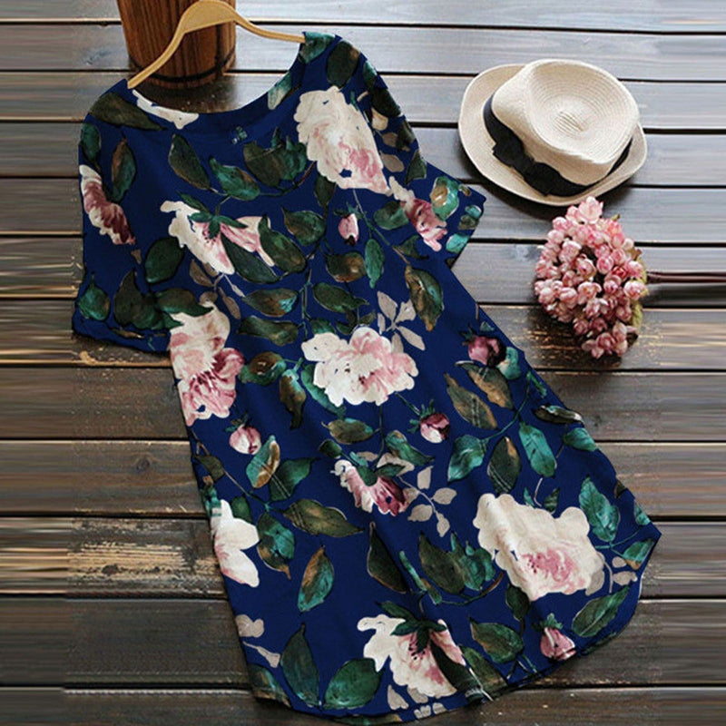 Blumiges Sommer Freizeitkleid mit kurzen Ärmeln für Damen – Malina