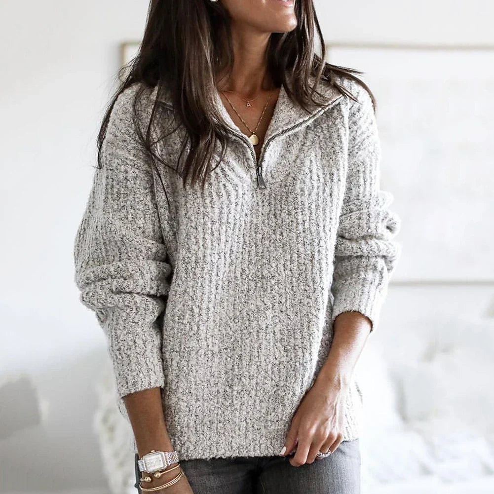 Herbstlicher strukturierter Damen Halbzip-Pullover mit langen Ärmeln – Noelle