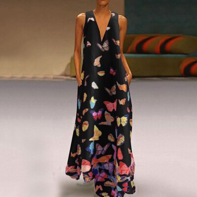 Trendy Ärmelloses Maxi-Sommerkleid mit Schmetterlingsmuster – Malia