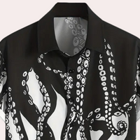 Schwarzes Hemd mit weißem Oktopus-Design, kurzärmelig, Baumwolle, modisch, Herrenmode.