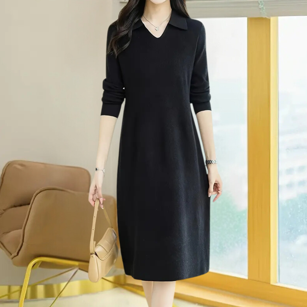 Schwarzes Damenkleid, langärmelig, V-Ausschnitt, elegantes Design, ideal für Herbstmode.