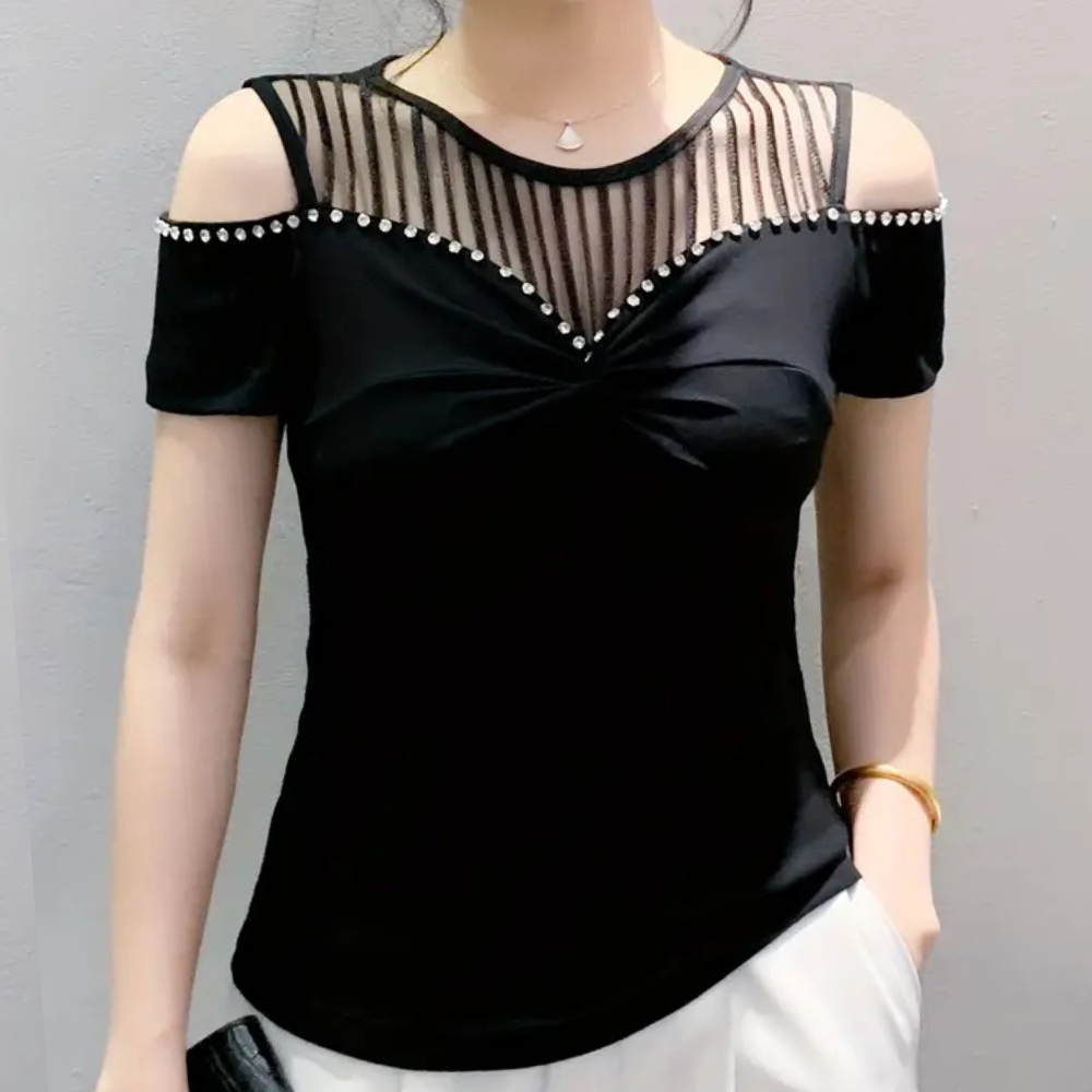 Schwarzes Damen-Oberteil mit Perlen, schulterfrei, transparentem Ausschnitt, elegant, modisch.