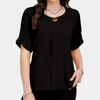 Damenbluse schwarz, kurzärmelig, lässig, Rundhalsausschnitt, elegantes Design, Modekleidung.