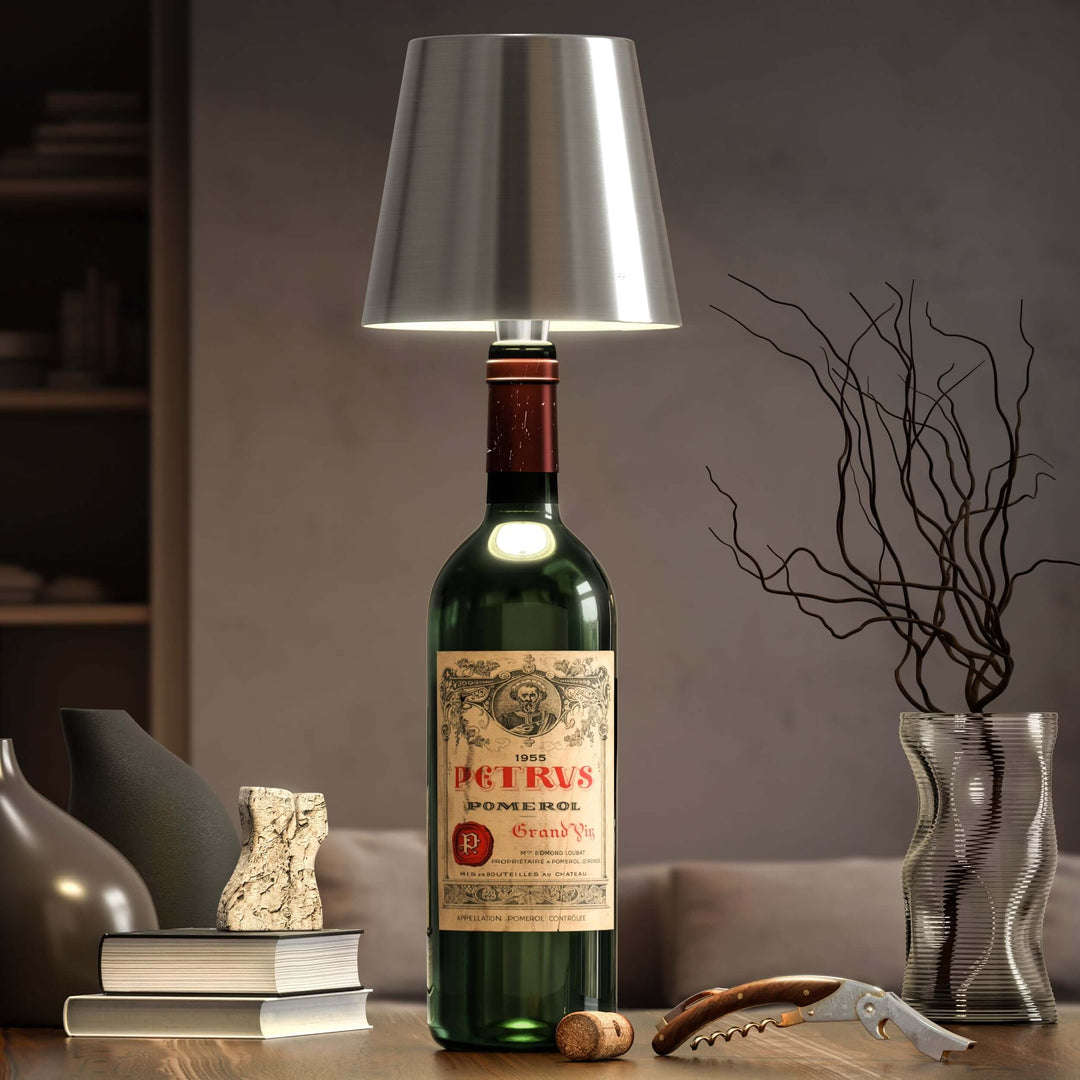 Weinflaschenlampe aus Silber, modernes Design, Wohnzimmerdekoration, stilvolle Beleuchtung
