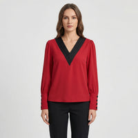 Long-Sleeve V-Neck Contrast Blouse - Genevieve