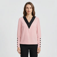 Long-Sleeve V-Neck Contrast Blouse - Genevieve