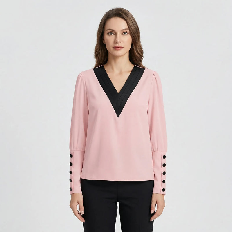 Long-Sleeve V-Neck Contrast Blouse - Genevieve