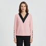Long-Sleeve V-Neck Contrast Blouse - Genevieve