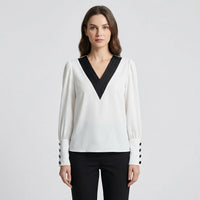 Long-Sleeve V-Neck Contrast Blouse - Genevieve