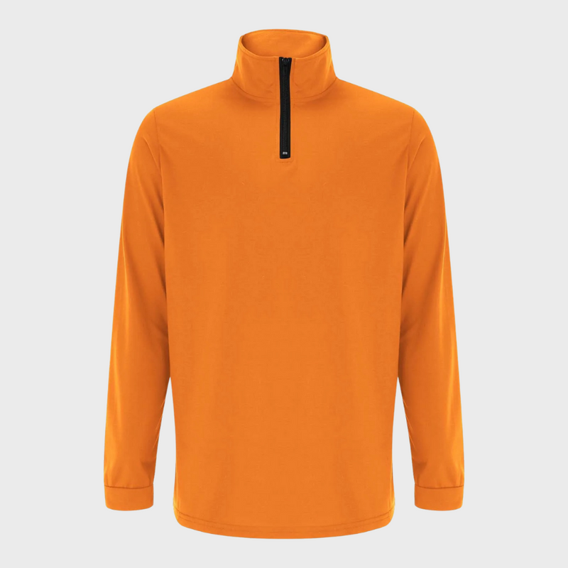 Orange Herrenpullover mit Reißverschluss, Langarm, Stehkragen, aus Baumwolle, modisch und bequem.