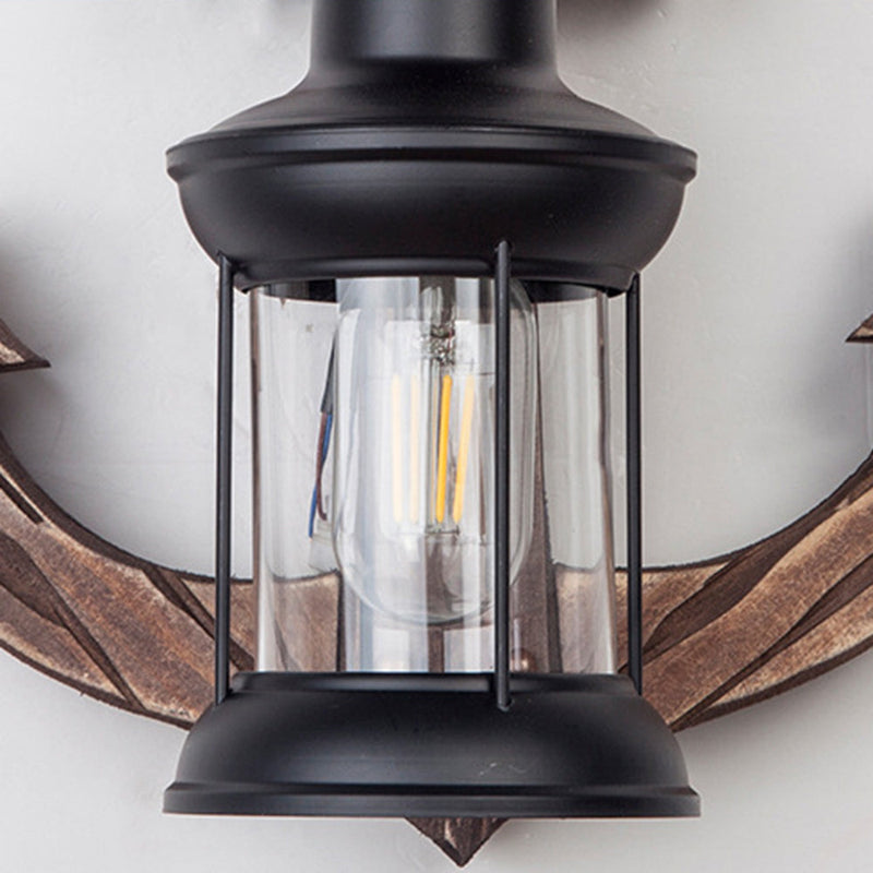 Schwarze LED-Laterne mit Holzanker, maritimes Design, Wanddekoration, Vintage-Stil.