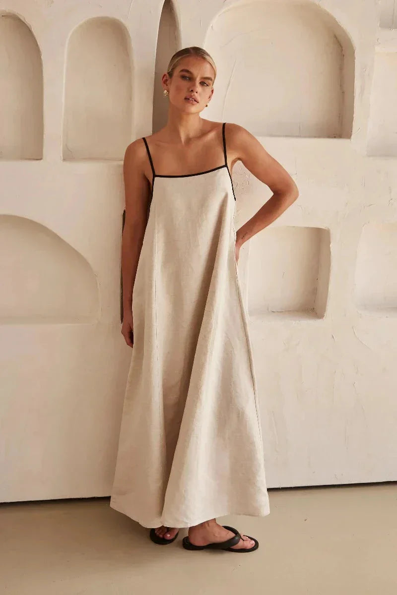 Ärmelloses Beiges Boho Maxi Kleid im Leinen-Look – Elin