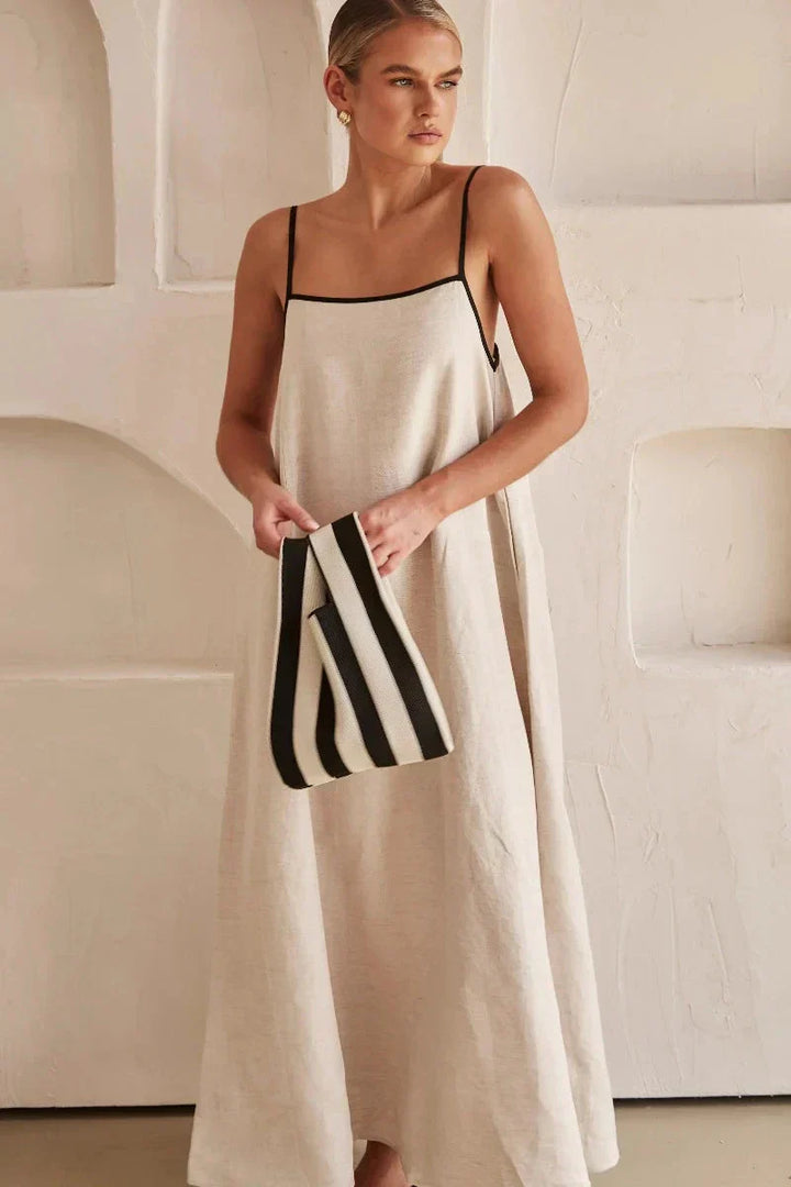 Ärmelloses Beiges Boho Maxi Kleid im Leinen-Look – Elin