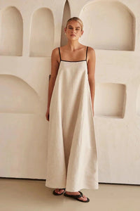 Ärmelloses Beiges Boho Maxi Kleid im Leinen-Look – Elin