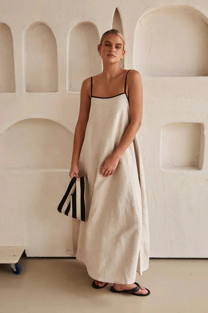 Ärmelloses Beiges Boho Maxi Kleid im Leinen-Look – Elin