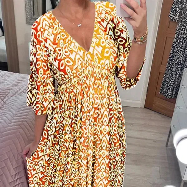 Lange Blumenkleid mit V-Ausschnitt – Liora