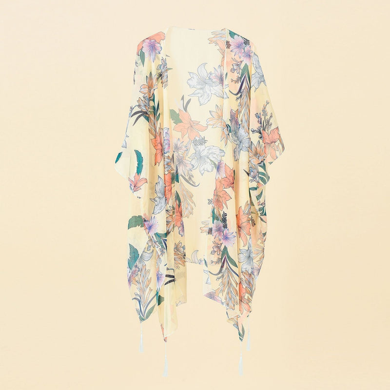 Kimono-Überwurf mit Blumenmuster und Fransen – Liora